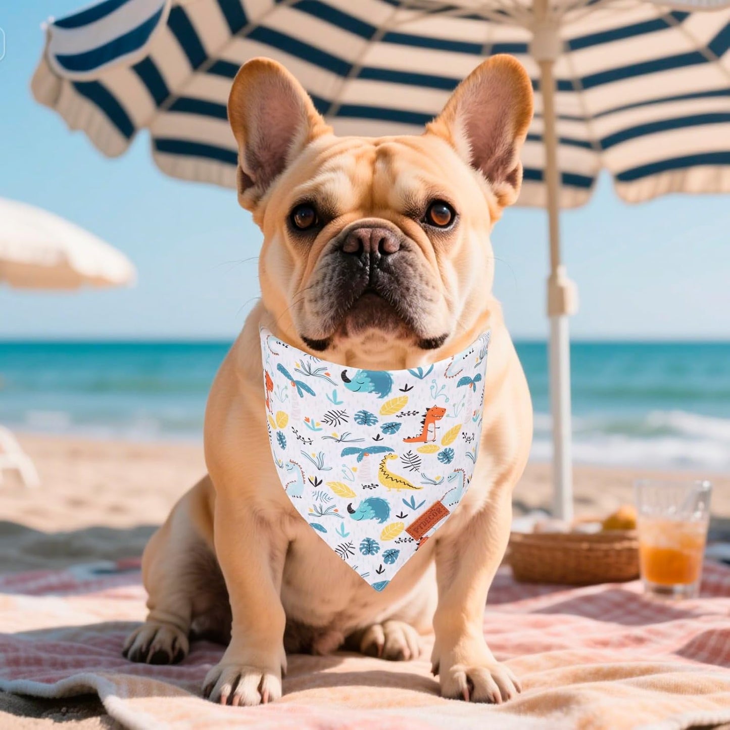 PTDECOR Dinosaurs Dog Bandana, Dinosaurs Design Reversible Pet Scarf Bib, Premium Durable Fabric, Adjustable White Green Bandanas for Medium Large Dogs Pets (Large)