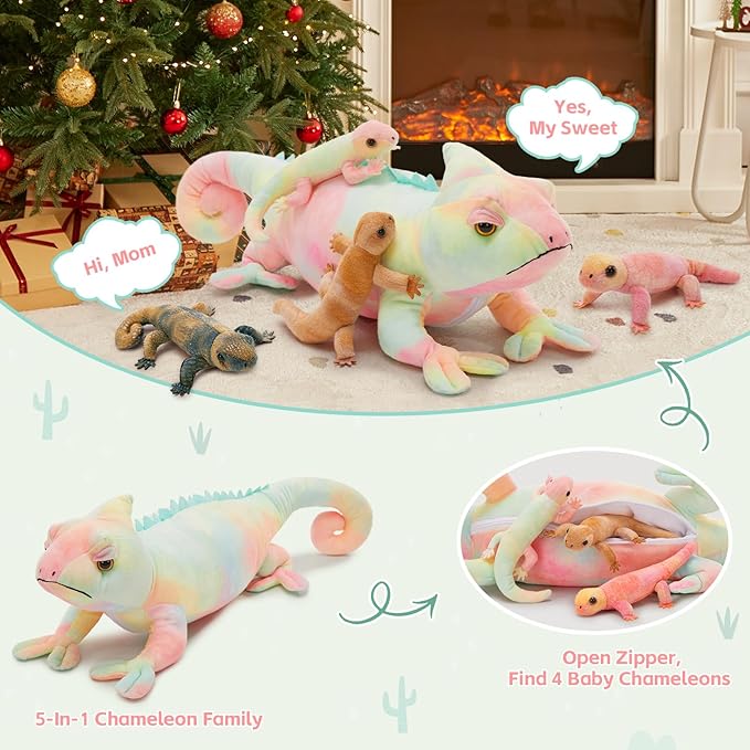 MorisMos 27" Giant Chameleon Stuffed Animal with 4 Baby Lizard Plush Toys for Kid Girl Boy,Realistic Rainbow Chameleon Plush Mama & Baby Lizard Stuffed Animals Gift for Birthday Decor,CE/CPC Certified