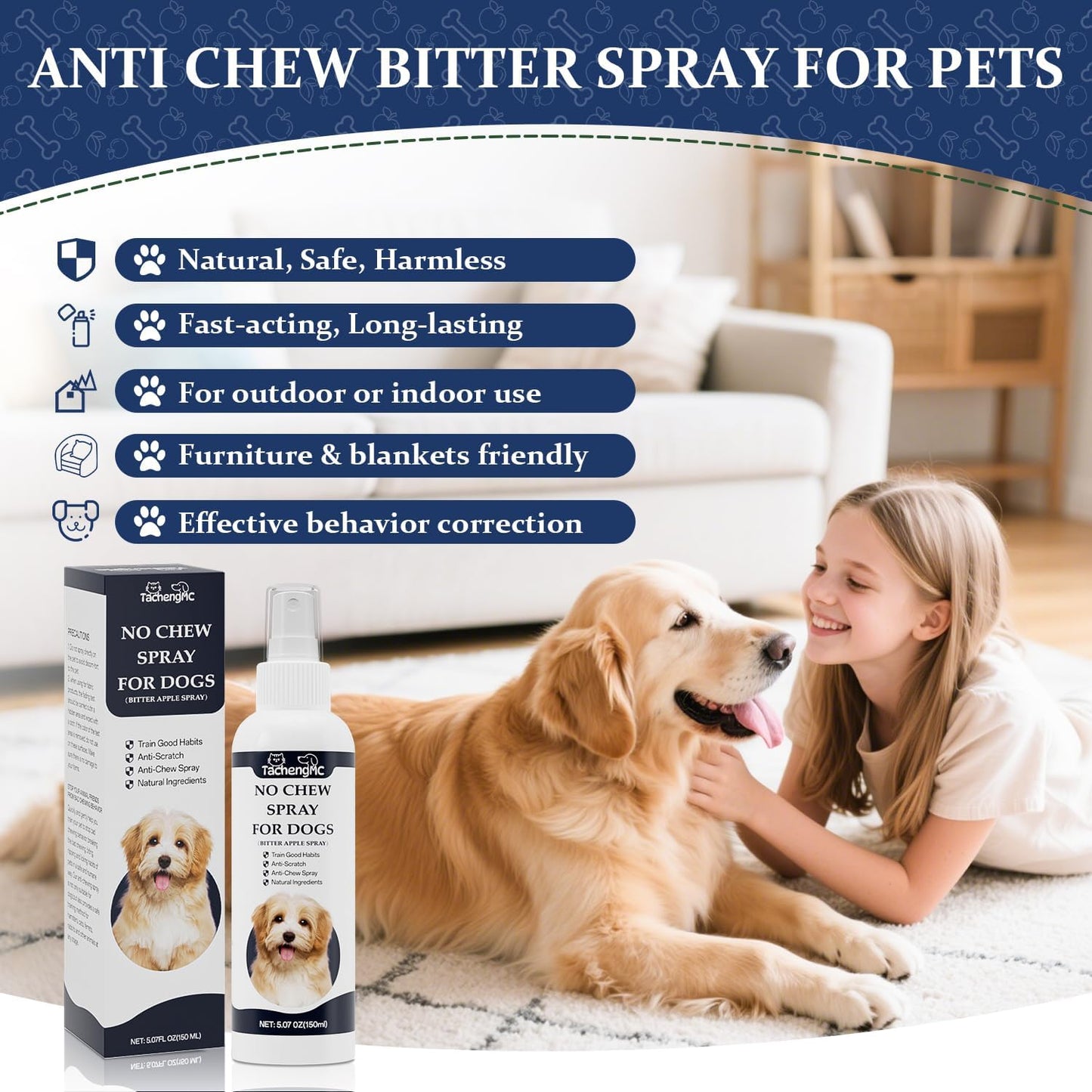 No Chew Spray for Dogs, 150 ml Bitter Apple Deterrent Spray to Stop Chewing, Licking and Biting on Furniture, Shoes and Plants, Alcohol-Free Puppy Training Aid for Indoor and Outdoor Use