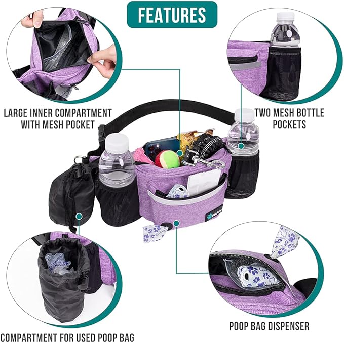PetAmi Dog Fanny Pack, Treat Pouch for Dog Walking, Training, Built in Poop Bag Dispenser, Water Bottle Holder, Collapsible Bowl, Pet Treat Waist Belt for Hiking, Running, Kibbles (Purple)