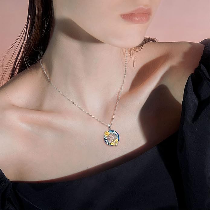 LUHE Bee Necklace 925 Sterling Silver Honeycomb Cute Flower Pendant Necklaces for Women Gifts for Her Women