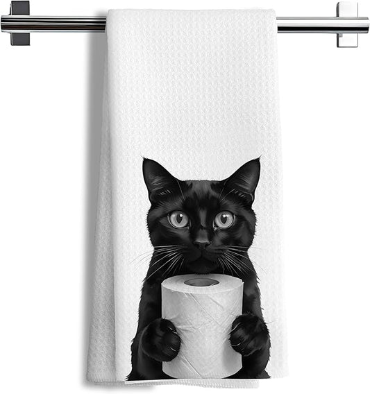 Funny Black Cat Hand Towels, Cat Bathroom Decor, Cats Lover Mom Lady Gifts Hand Towels for Bathroom Kitchen Decor, Cute Black Kitten Decorative Kitchen Dish Tea Towels, 16x24 Inch