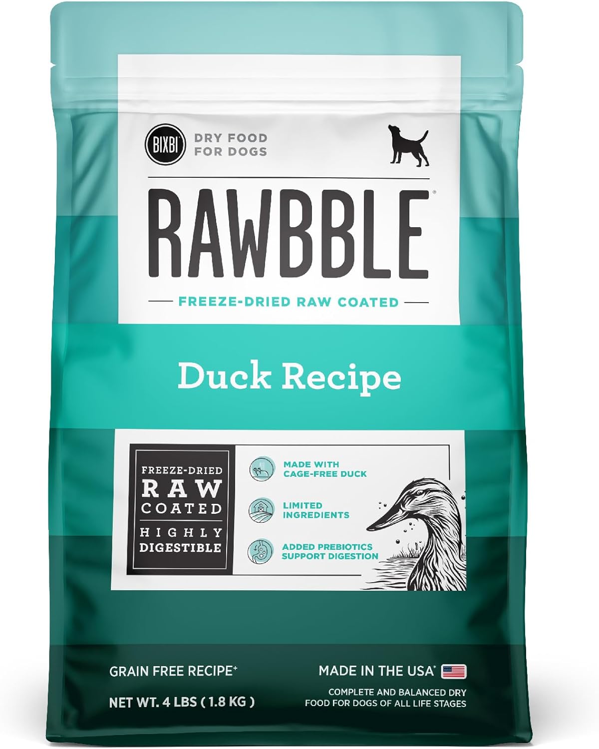 BIXBI Rawbble Dry Dog Food, Duck, 4 lbs - USA Made with Fresh Meat - No Meat Meal & No Corn, Soy or Wheat - Freeze Dried Raw Coated Dog Food - Minimally Processed for Superior Digestibility