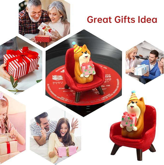 Cute Mini Puppy Holding a Gift - Resin Figurine for Office, Home Decoration for Dog Lovers - Red Sofa
