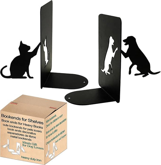 Dog Bookends,Cat Book Ends Metal Books Organizer, Gifts for Dog Puppy Kitten Lovers,Heavy Duty Decorative and Book Holder, 4.9×3.2×6.9 in (Black)