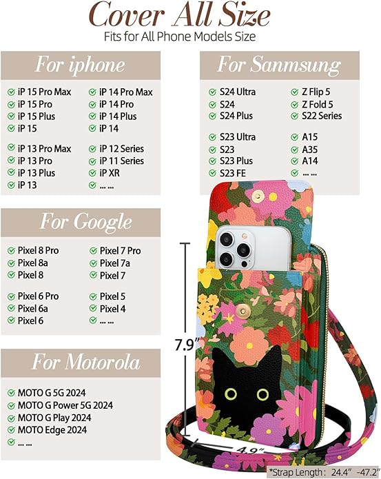 Cute Crossbody Purse Cell Phone Bags for Women - Leather Cellphone Wallet Purse with Handle Rope and Adjustable Shoulder Rope