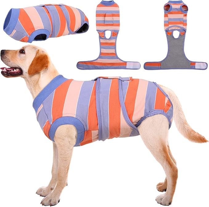 Kuoser Dog Surgery Recovery Suit for Female Male Dogs, Stripes Spay Neuter Anti-Licking Dog Onesie, Abdominal Wounds Surgical Suit Snugly Pet Collar Alternative Post Surgery Vest Bodysuit, Orange XL