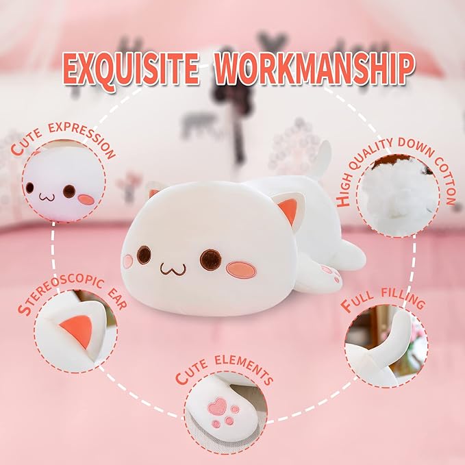 FUYU Cat Stuffed Animals, Soft Cat Plush Pillow Kawaii Kitten Stuffed Animal Toy Gifts for Kids Boys Girls Room Decor (White Round Eyes,19in/50cm)