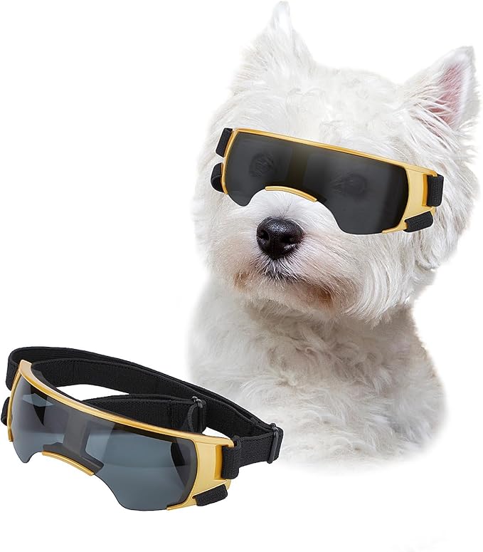 Lesypet Dog Sunglasses Small Breed, Dog Goggles for Small Dogs Windproof Anti-UV Glasses for Dogs Outdoor Eye Protection, Gold