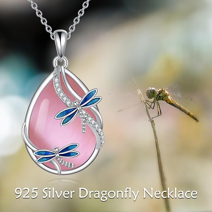 KQF Dragonfly/Butterlfy/Cat/Jellyfish/Bunny/Axolotl/Bee/Mermaid/Hummingbird/Elephant Necklace for Women Sterling Silver Moonstone Pendant Necklace Dragonfly Jewelry Gifts for Women