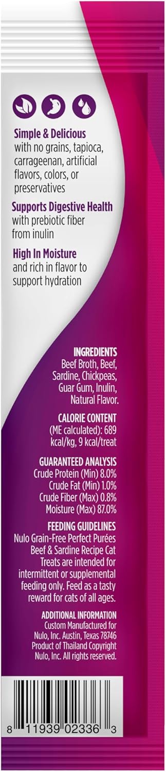 Nulo Freestyle Grain-Free Perfect Purees Premium Wet Cat Treats, Squeezable Meal Topper for Felines, High Moisture Content to Support Cat Hydration, 0.5 Ounce, Beef & Sardine