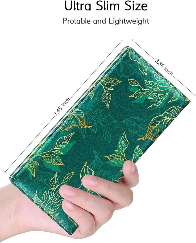 Nipichsha Womens Wallet, RFID Slim Wallets for Women, Thin Ladies Credit Card Holder Purse, Cute Leather Bifold Clutch Billfold with 11 Card Slots & ID Window, Luxury Green Leaf