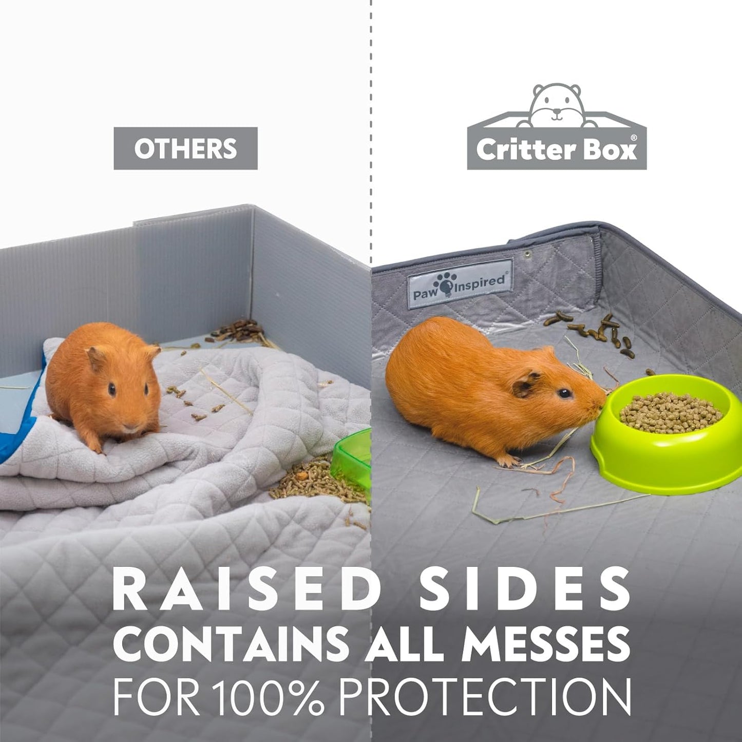 Paw Inspired Critter Box Washable Cage Liner, Reversible Fleece Bedding with Raised Sides for Guinea Pigs and Other Small Animals (2x4 (12" Grids), Gray/Green)
