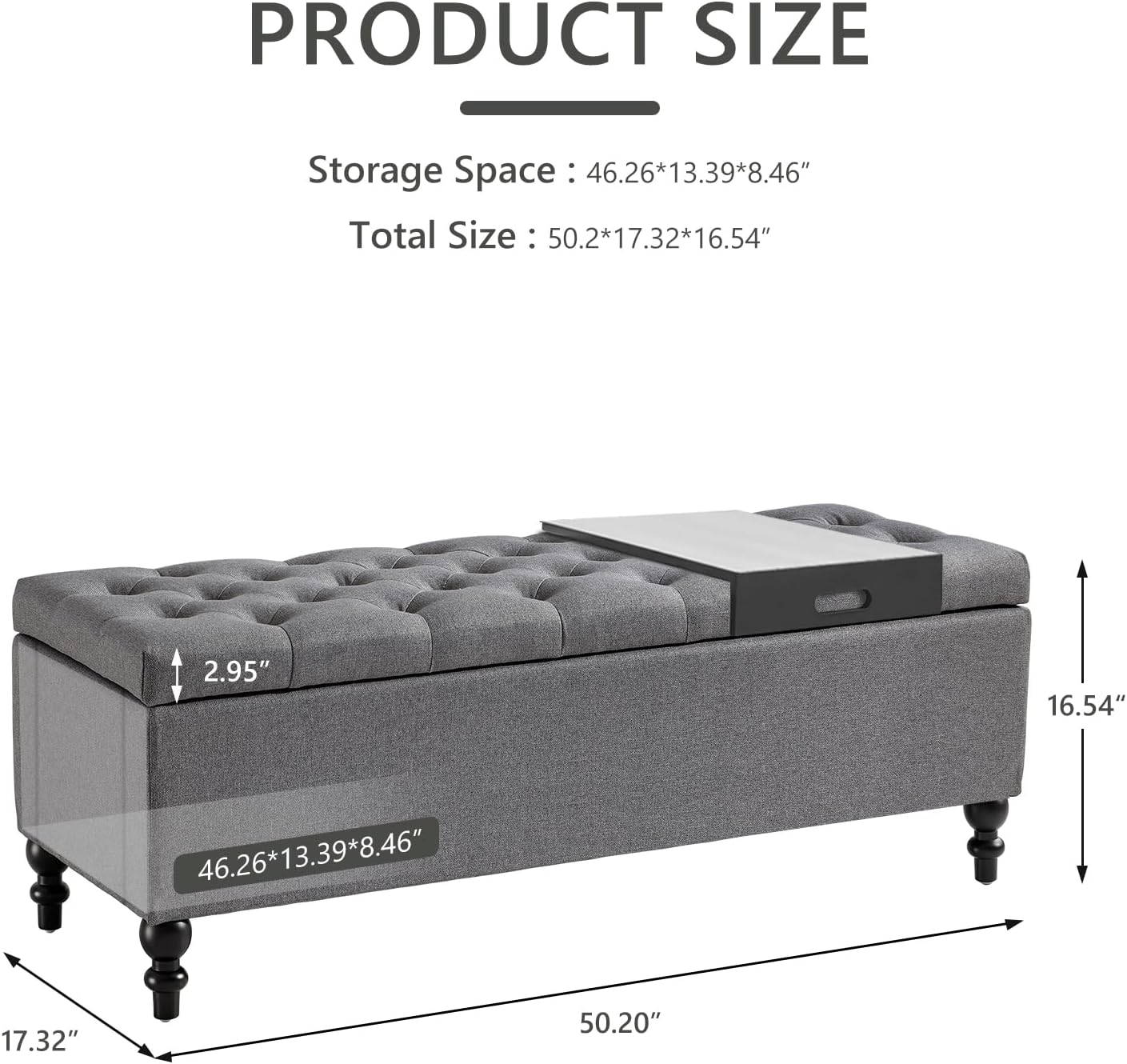 Ottoman with Storage,50.2-inch Upholstered End of Bed Storage Bench for Bedroom,for The Living Room,for Entryway, with Tray & Button and Safety Hinges,Detachable (Grey)