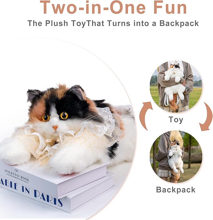 Chongker Stuffed Animals Backpack - Lifelike Stuffed Cat Plush Backpack, Handmade Cute Cat Shaped Bag, Large Dark Calico