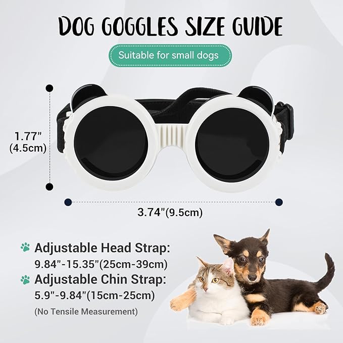 Lesypet Dog Sunglasses Small Breed, Dog Goggles for Small Dogs Eye Protection Windproof Doggie Glasses for Outdoor Driving Hiking UV Protection, White