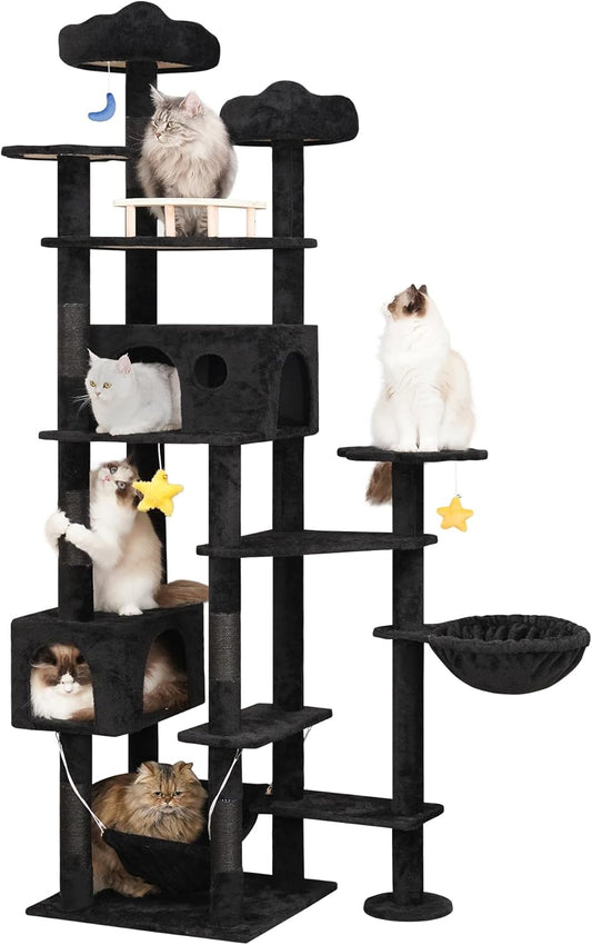 85inch Giant Cat Tree for Heavy Duty Big Cats, Multi-Level Luxury Cat Tower with Scratching Post, Cat Condo with Hammocks & Plush Perches for Indoor Cats Large Adult, Black