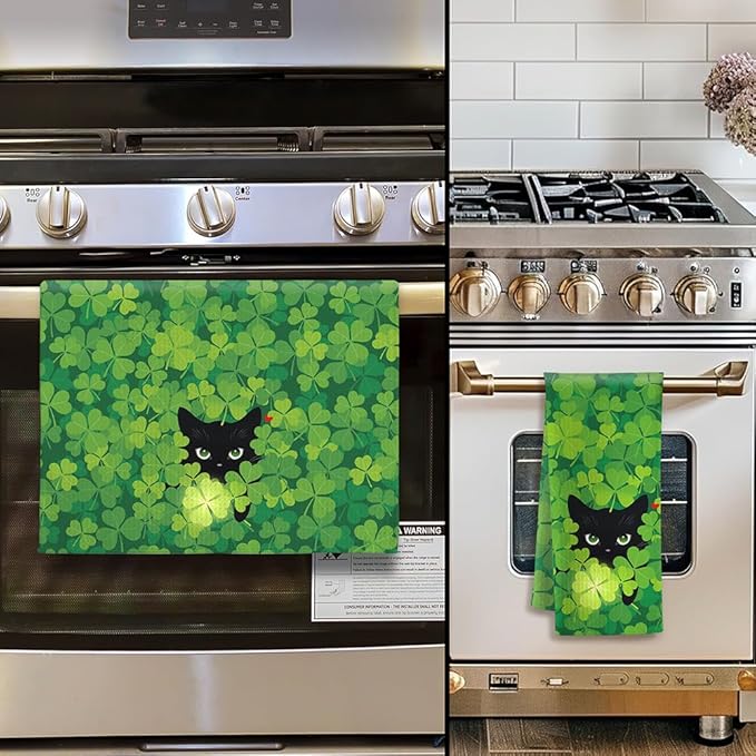 Lucky Clover Cat Green Kitchen Towels-Fun Irish Themed Dish Towels with Hidden Black Cat & Glowing 4-Leaf Design, Decorative Hand Towels for Kitchen Decor or Bathroom Accessories