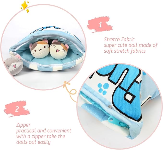 Cat Plush Pillow, Cute Plushies with Kitten Doll, Bag of Removable Kitten Stuffed Animals, Kawaii Plushies Cat Toy for Kids, Gift for Girls Boys Birthday (8 Blue Kitten)