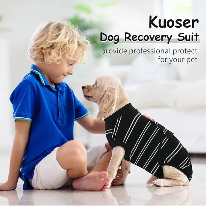 Kuoser Dog Surgery Recovery Suit for Female Male Dogs, Stripes Spay Neuter Anti-Licking Dog Onesie, Surgical Suit Snugly Pet Post Surgery Vest Bodysuit for Abdominal Wounds Skin Disease, Black 2XL
