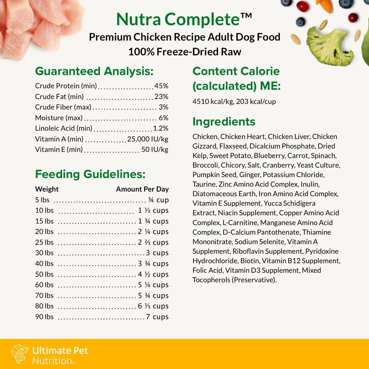 ULTIMATE PET NUTRITION Nutra Complete Freeze Dried Raw Dog Food, Veterinarian Formulated with Antioxidants, Prebiotics & Amino Acids (3 Pound, Chicken)