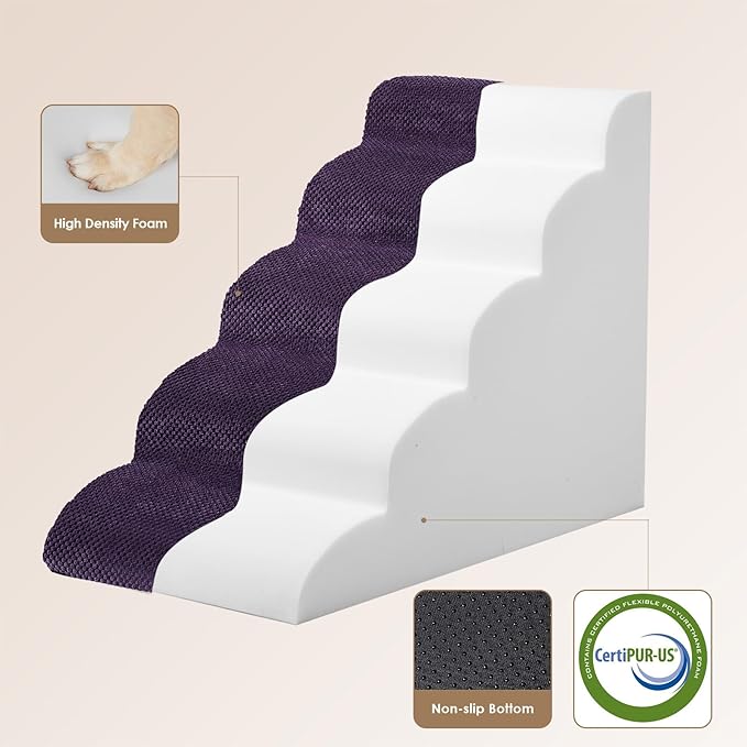 EHEYCIGA Curved Dog Stairs Ramp for High Beds 22.6" H, 5-Step Dog Steps for Small Dogs and Cats, Pet Stairs for High Bed Climbing, Non-Slip Balanced Pet Step Indoor, Purple