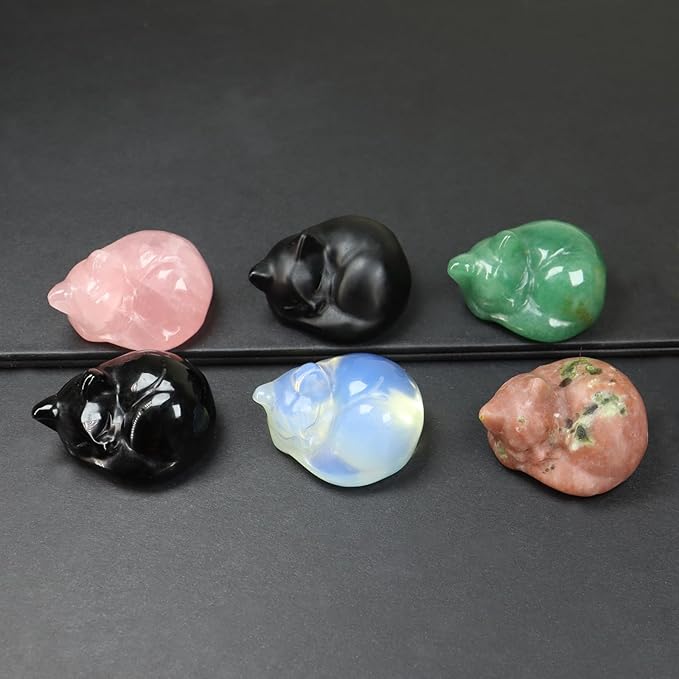 Cat Decor, 1PC Black Obsidian Cat Figurine, Gemsone Sleeping Cat Shaped Stone, Hand Carved Healing Crystal Gift for Cat Lover, Obsidian Sleeping Cat Statue for Home, Rock Collection 1.5''