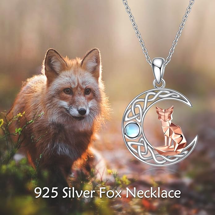 925 Sterling Silver Celtic Crescent Moon Animal Necklace for Women Fox/Black Cat/Hummingbird Crystal/Abalone Shell Pendant Jewelry Gift for Mom Daughter