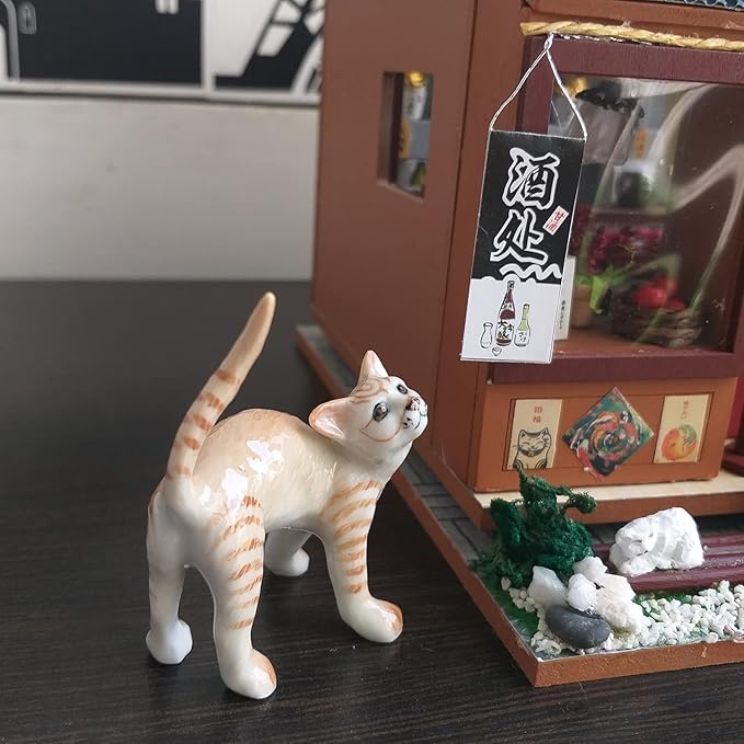 Cat Porcelain Figurine Ceramic Stretching Kitten Small Pet Kitty Collectible Miniature Dollhouse Hand Painted Animal Interested Feeling Gift Decor Calico Brown Tabby, 2.5 x 1 x 2 in (W-L-H)