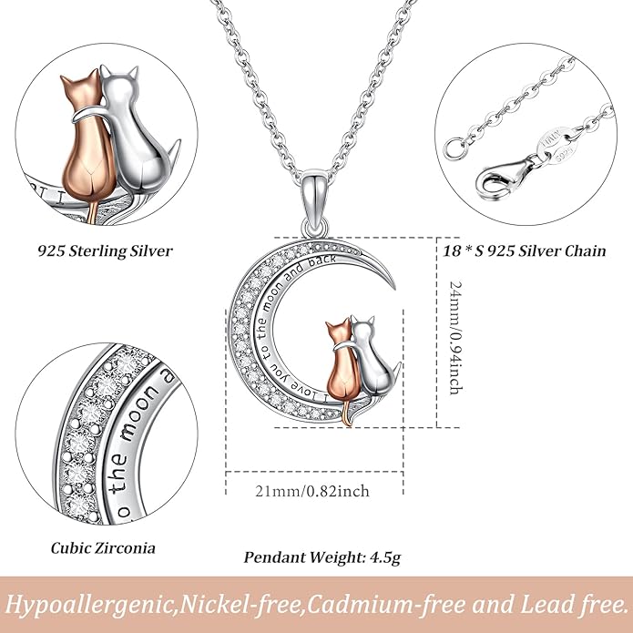 Odinstone Cat Necklace, S925 Sterling Silver Cat on Moon Pendant with Cubic Zirconia, Cat Jewelry Mothers Day Gifts for Mum with Gift Package - I Love You Forever