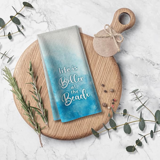 Life is Better at The Beach Saying Kitchen Towels,Funny Joked Dishcloth,16 * 24inch Stylish Hand Rags, Microfiber Bar Towel,Ideal Gifts for Women Hostess New Home Mom Women Housewarming-Blue