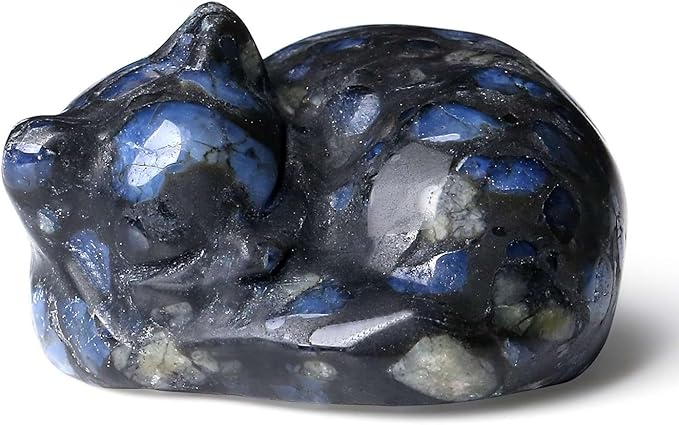 LAIDANLA Blue Labradorite Cat Healing Crystals Figurine Sleeping Cat Hand Carved Cute Statue Polished Stone Sculpture Reiki Office Room Bedroom Desk Home Decoration Gifts 1.6"