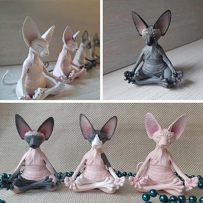 Sphynx Cat Meditate Collectible Figurines Zen Yoga Relaxed Pose Buddha Meditation Cat Statue for Home Office (Gray)