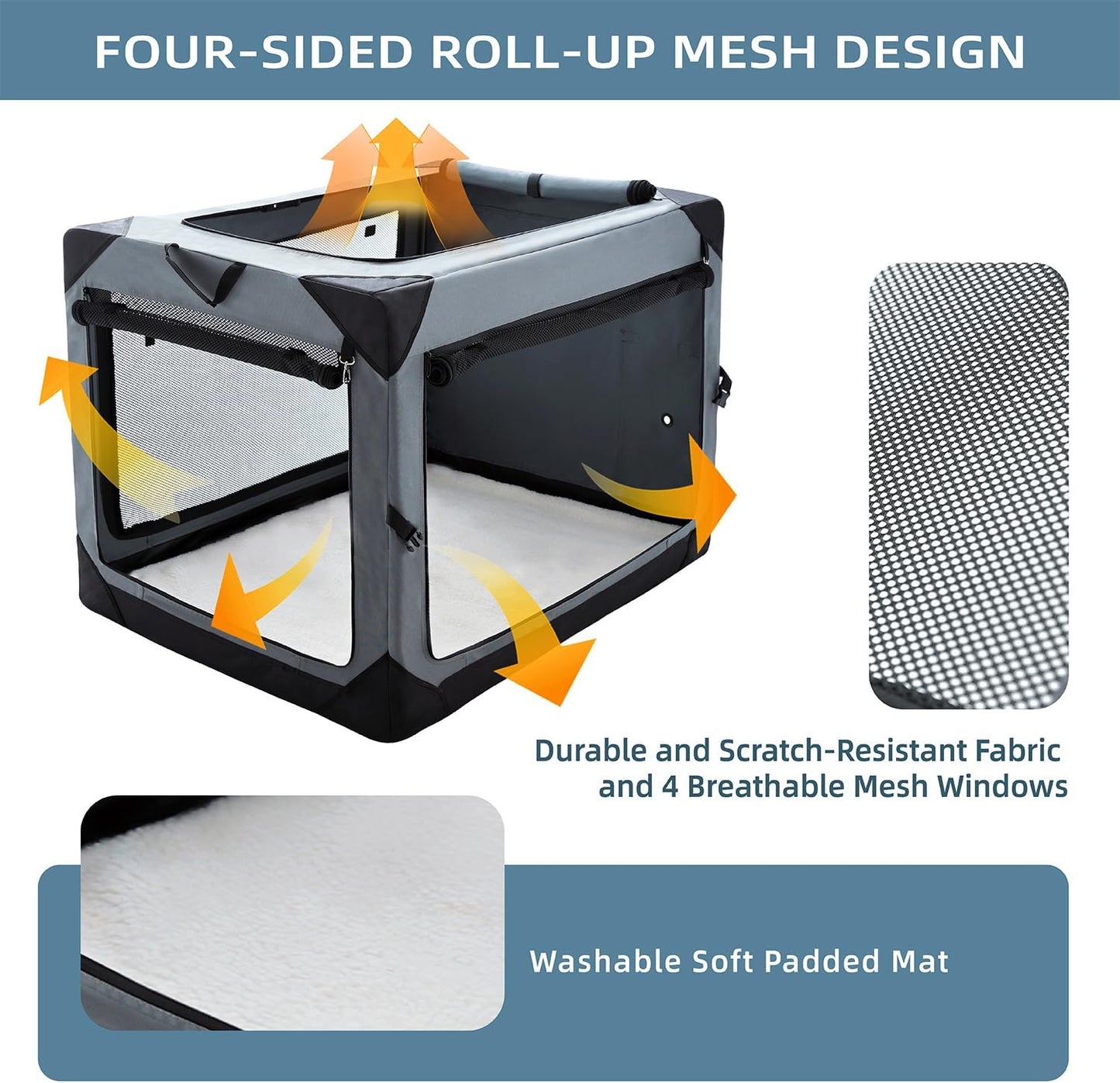 Pettycare 30 Inch Collapsible Dog Crate for Medium Dogs, 4-Door Foldable Soft Dog Kennel with Chew Proof Mesh Windows, Indoor & Outdoor Travel Dog Crate