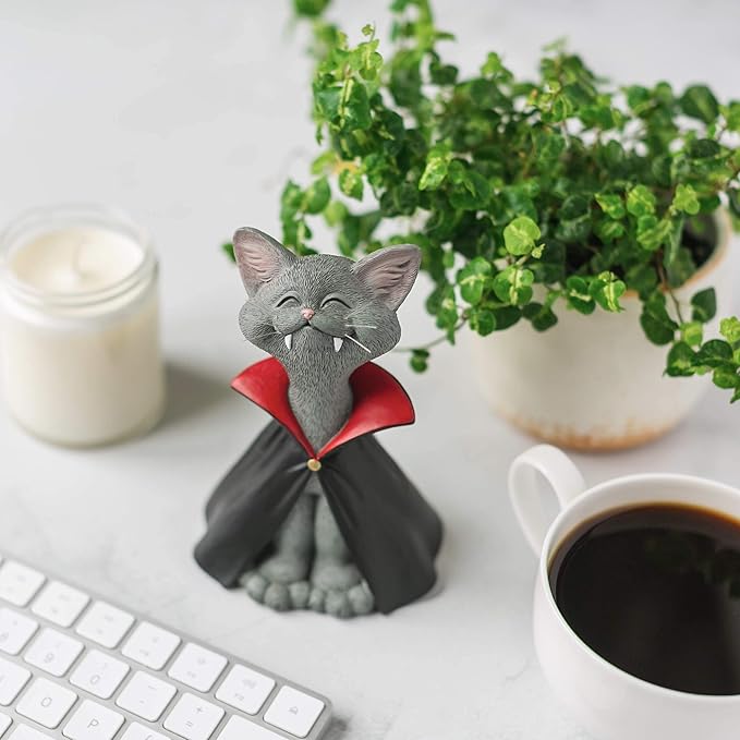 Holiday Stocking Stuffer - Whimsical Grey Cat Vampire Figurine - Cat Home Office Decoration - Gifts for Cat Lovers, Purrfect