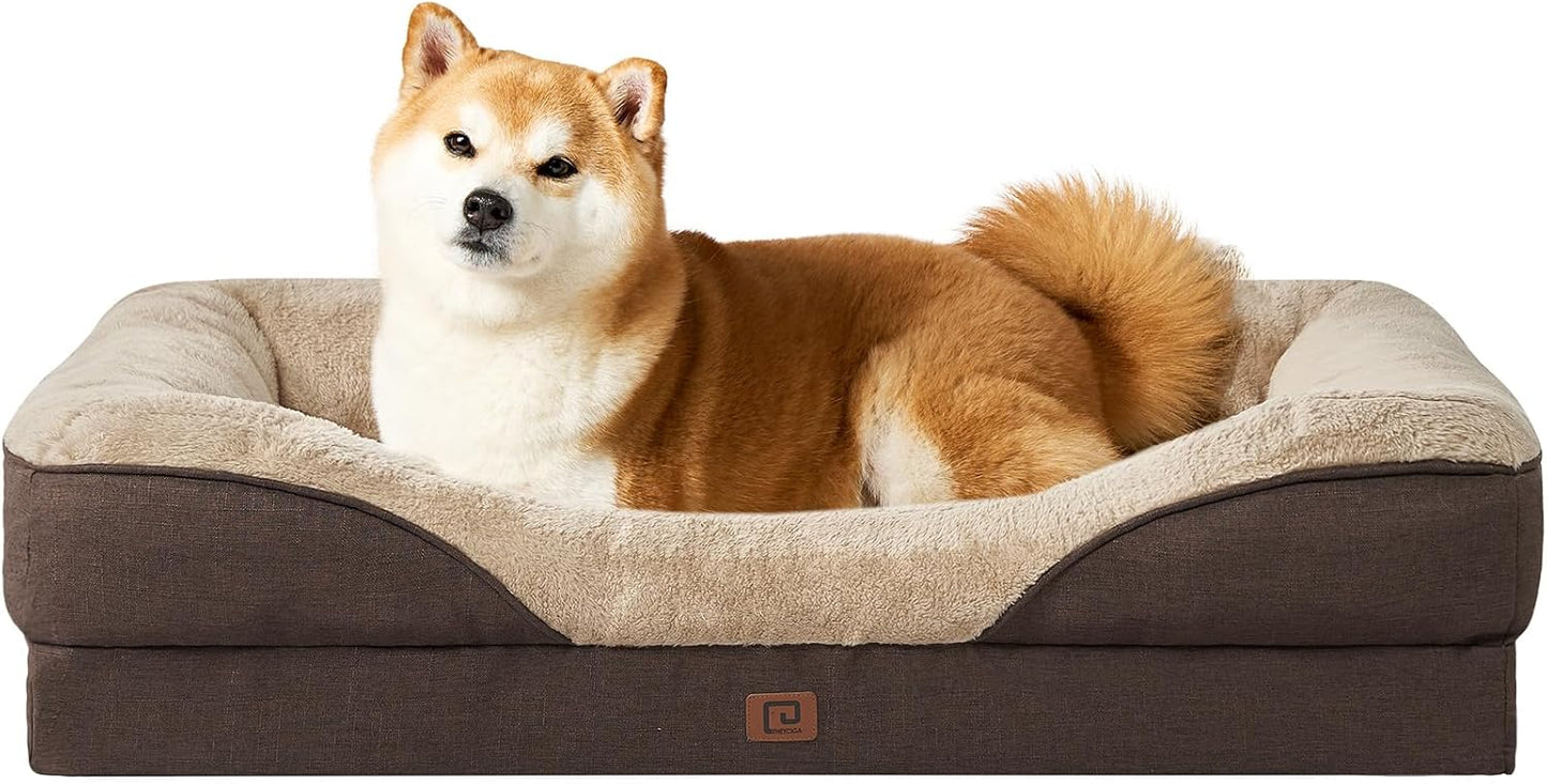 EHEYCIGA Memory Foam Dog Bed for Large Sized, Orthopedic Dog Sofa with Sides and Waterproof Liner, Washable Bolster Pet Bed Couch with Removable Cover, 36x27x7 Inch, Brown