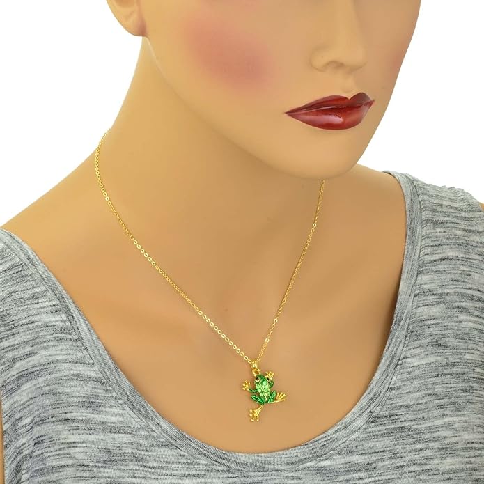 PammyJ Green Crystal Frog Charm Goldtone Necklace, 18"