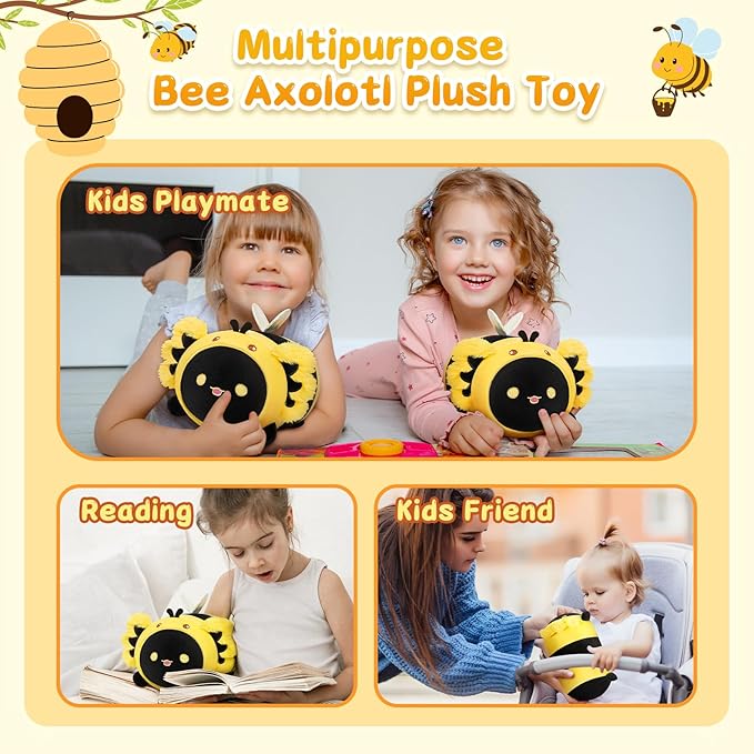 Cute Black Axolotl Bee Plush, Kawaii Plushies Honeybee Stuffed Toy, Axolotl Plushie with Bee Outfit Costume, Animal Hugging Cuddly Pillow, Soft Squishy Gifts for Girls Kids(8 Inch)