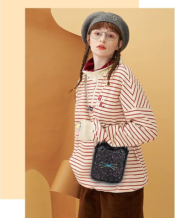 Cute Crossbody Purse for Teen Girls Sparkly Cat Purse and Small Crossbody Bags for Women Gift with Chain Strap