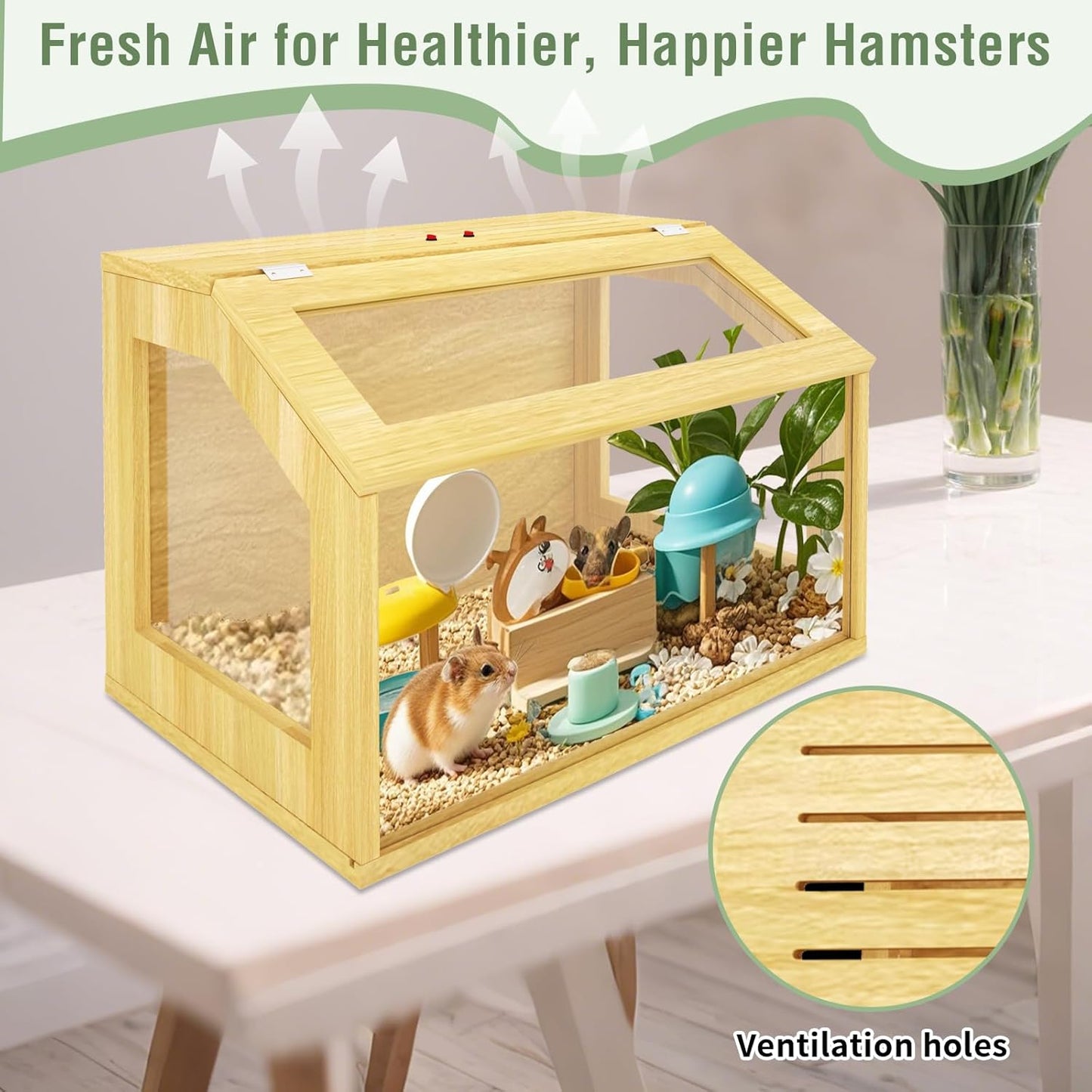 24" Wooden Hamster Cage, Chewproof Gerbil Cages and Habitats, Openable Top Roof Window with Silencing Pad, Guinea Pig Cage for Small Animals, Dwarf and Syrian Hamster, 24 x 16 x 16 Inches