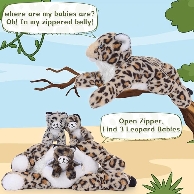 MorisMos Cheetah Stuffed Animal with Babies for Girl Kid,18'' Large Mommy Cheetah with Cub Plushies,Mama and Baby Leopard Stuffed Animal Plush Toys,Realistic Leopard Toy Gifts for Birthday Party Decor