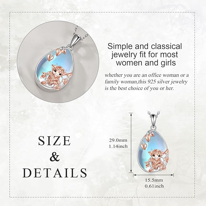 LUHE Moonstone Necklace 925 Sterling Silver Fox/Axolotl/Cat/Raccoon/Penguin/Frog/Panda/Highland Cow Pendant Necklace Animal Jewelry Gifts for Women