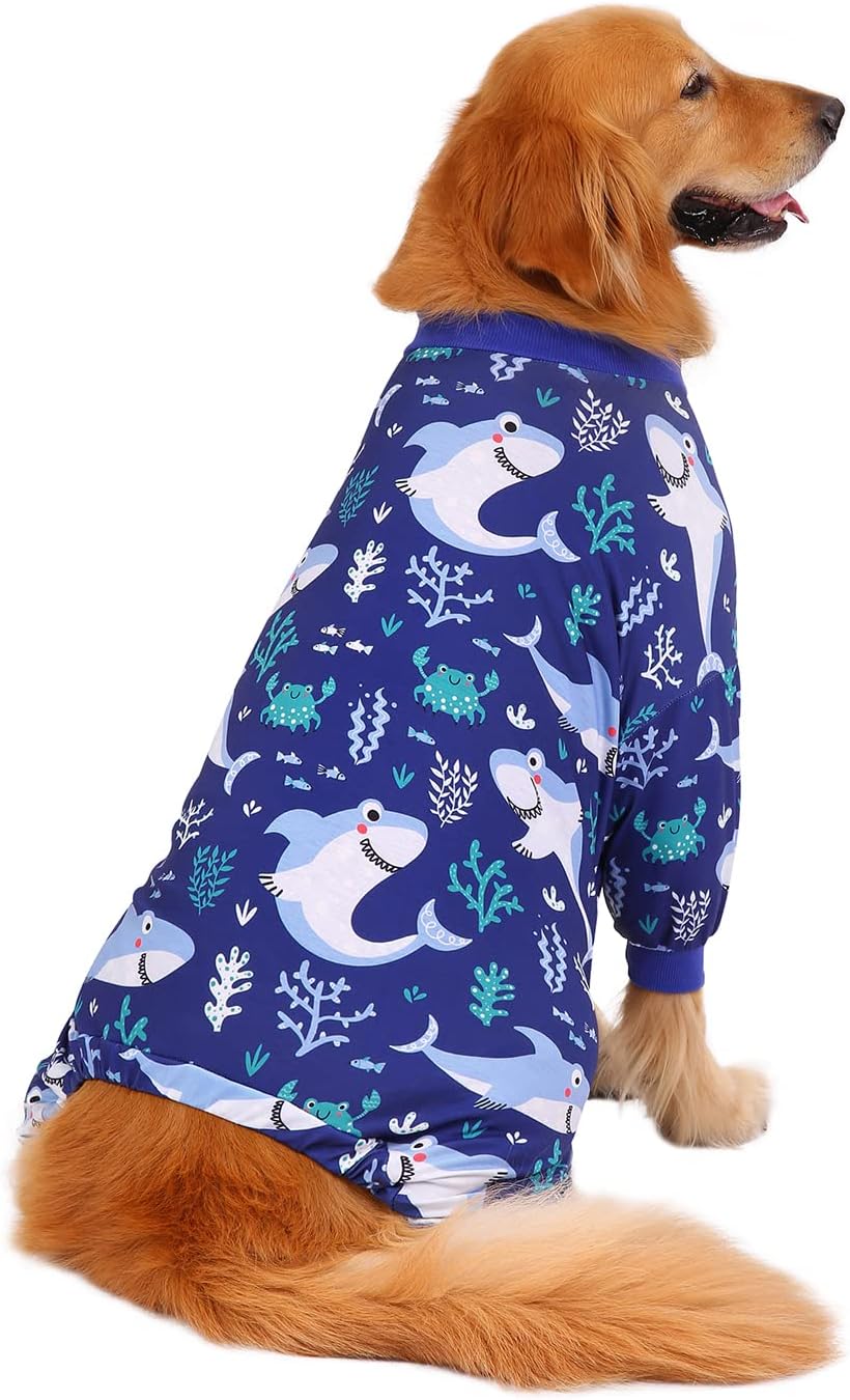 HDE Dog Pajamas One Piece Jammies Jumpsuit Pet Clothes Outfit Stretchy Lightweight Comfy Shirt Pjs for M-3XL Dogs Sharks - 3XL