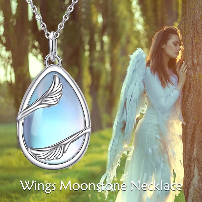 KQF Cat/Dragonfly/Owl/Angel Wings Necklace for Women Sterling Silver Moonstone Pendant Necklaces Animal Jewelry Mother'S Day Gifts for Cat Lover Teen