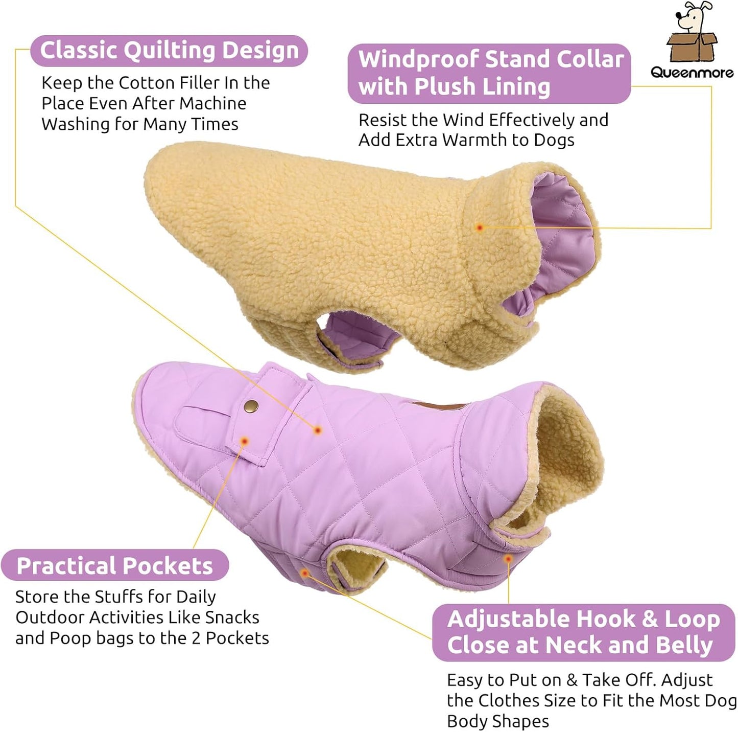 Queenmore Warm Dog Coat, Cold Weather Puffer Dog Coat Vest, Quilting Winter Pet Jacket Ultra Thick Plush Fleece Lining Pet Clothes for Dogs with Storage Pockets (Lilac, Medium)