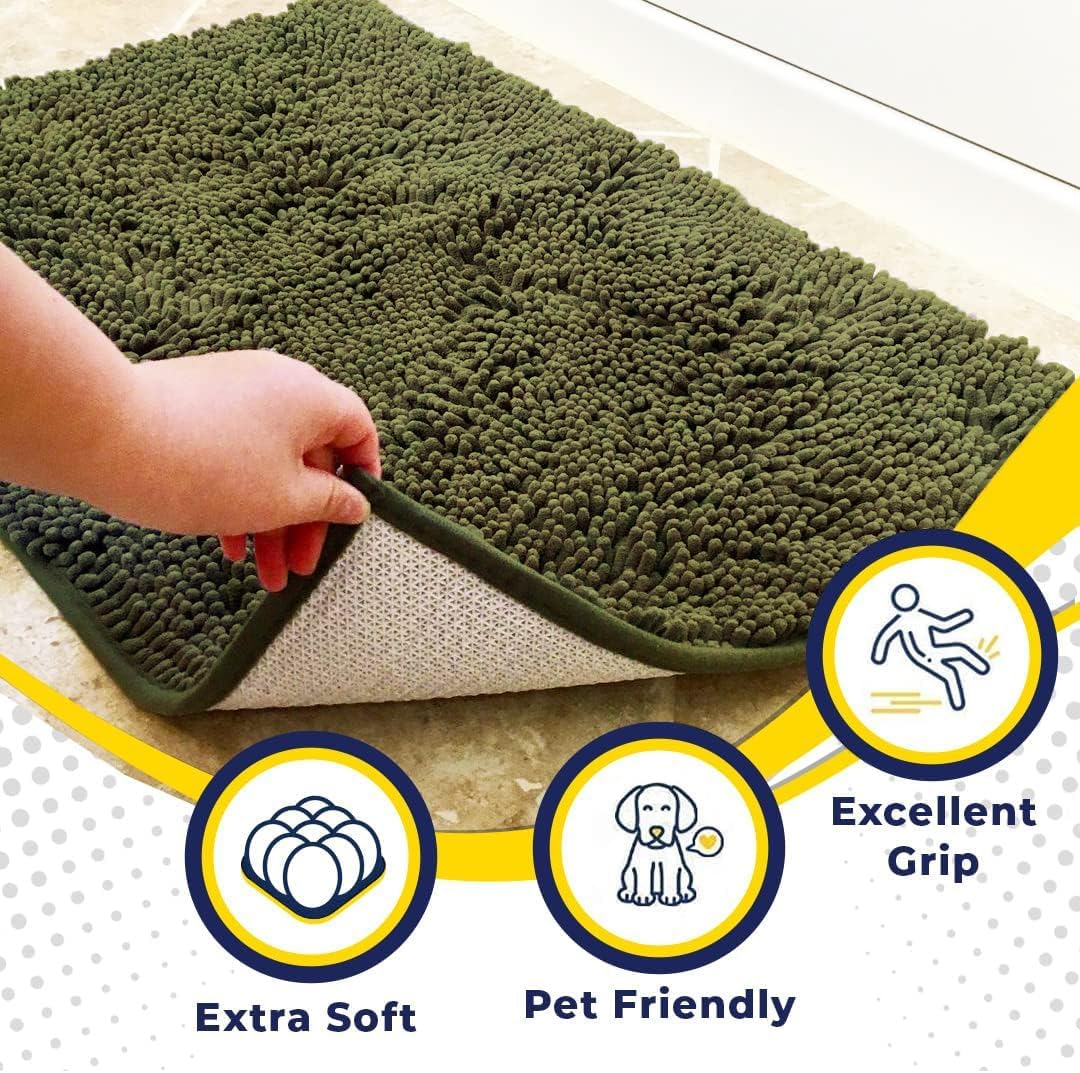 Muddy Mat® AS-SEEN-ON-TV Highly Absorbent Microfiber Door Mat and Pet Rug, Non Slip Thick Washable Area and Bath Mat Soft Chenille for Kitchen Bedroom Indoor and Outdoor - Army Green 36" x 120"