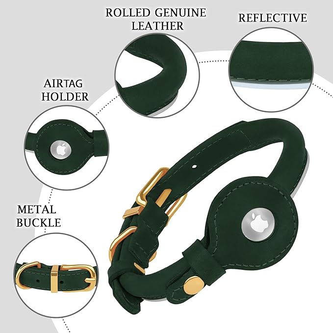OOPSDOGGY Rolled Leather Dog Collar with Airtag Holder - Reflective Round Airtag Dog Collar - Soft Tracking Pet Collar for Small Dogs Puppy Cats Kitten (Green, M, 12"-15")