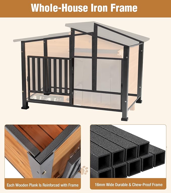 GUTINNEEN Heated Dog House Outdoor with Electric Heating Pad, Insulated Wooden Dog Kennel with 360° Rotating Feeding Bowl, Anti-Chewing Metal Frame, Natural Wood Color