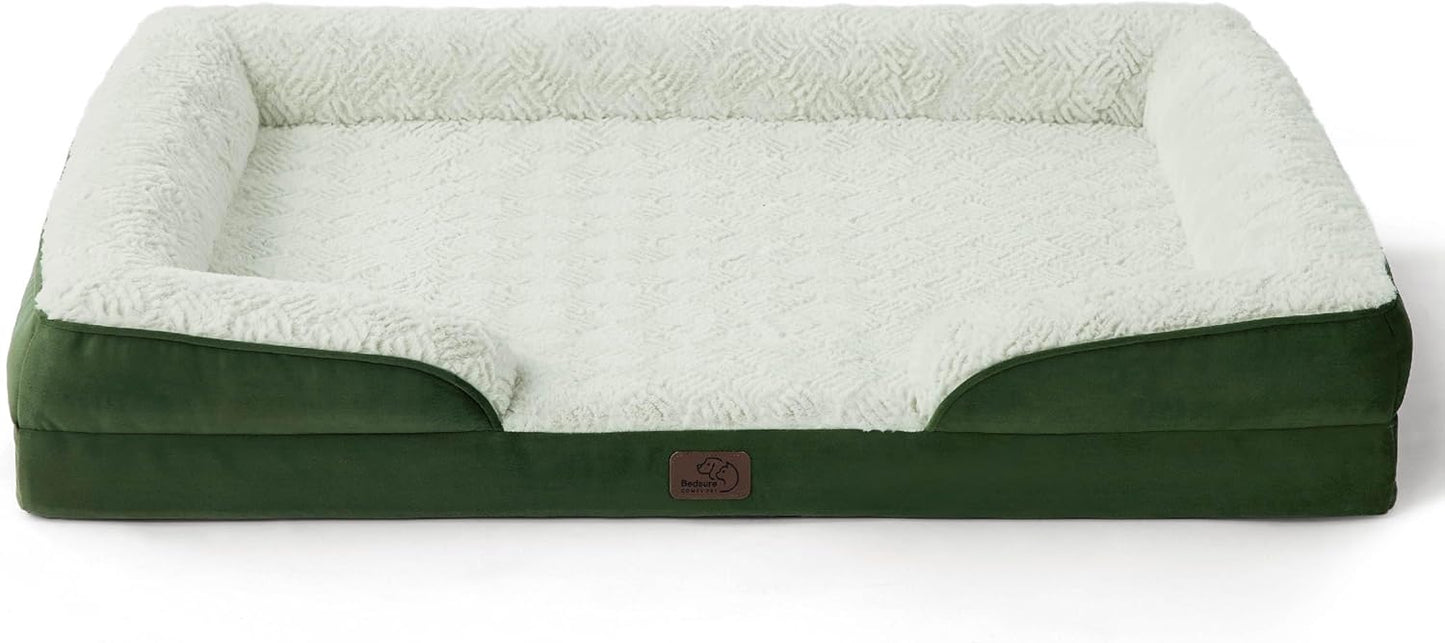 Bedsure Orthopedic Dog Beds Large Sized Dog - Washable Large Dog Cat Bed Waterproof, Comfort Dogs Couch Sofa with Washable Removable Cover, Pet Bed with Nonskid Bottom, Plush-Green, 35"