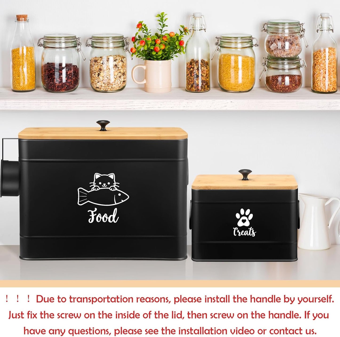 Extra Large Metal Cat Food Containers Airtight 12+3.5 lbs Cat Treat Snack Jars Set of 2 with Bamboo Lids and Spoons Farmhouse Big Pet Cookie Storage Jars for Kitchen Counter Gifts(Black)